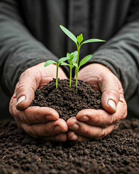 Hands holding fresh organic soil with green sprouts